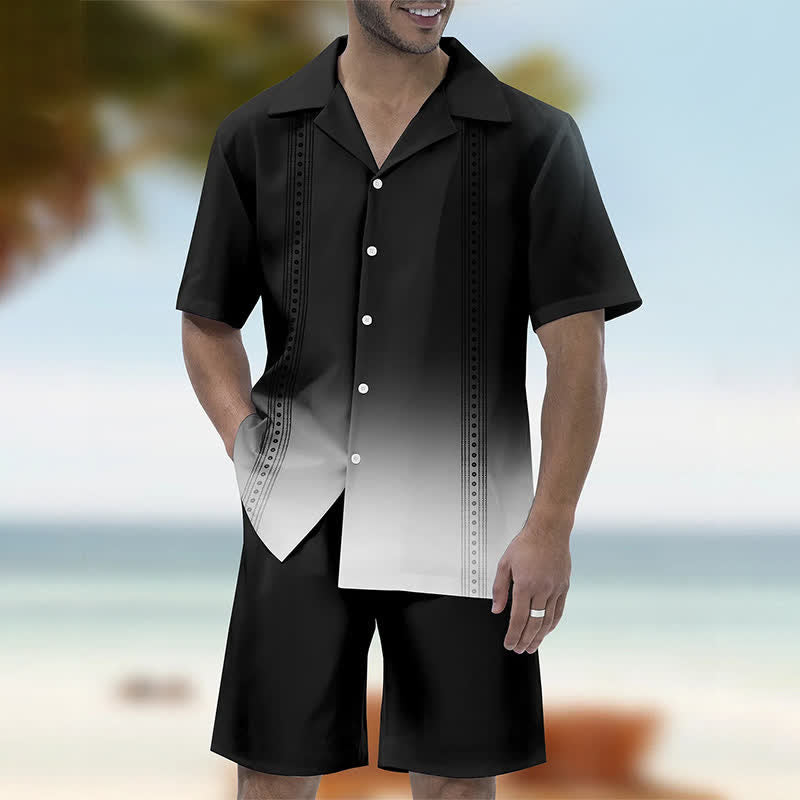 Men's Gradient Race Stripe Print Hawaiian Cuban Collar Short Sleeve Shirt Set