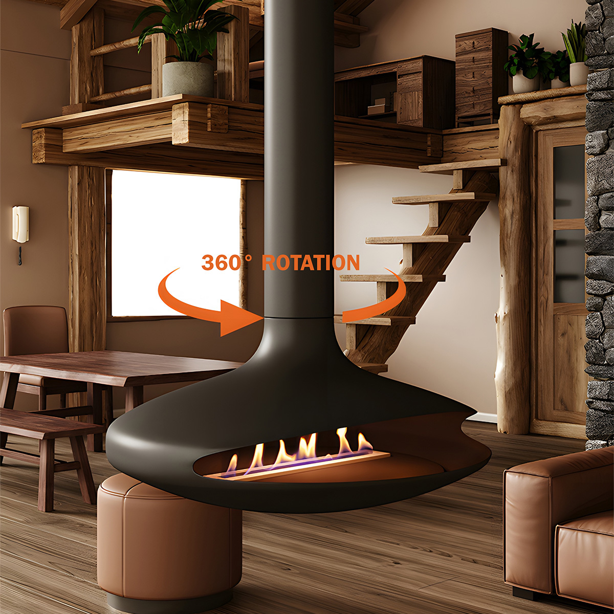 European style indoor flying saucer real fire hanging fireplace