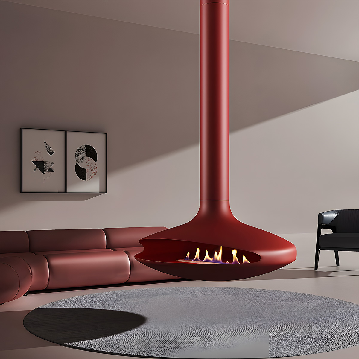 European style indoor flying saucer real fire hanging fireplace