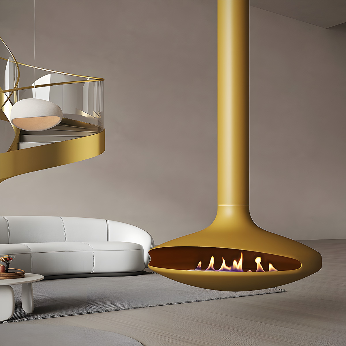European style indoor flying saucer real fire hanging fireplace