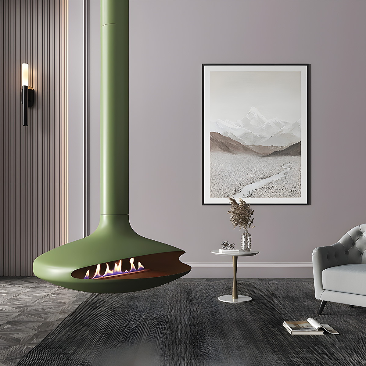 European style indoor flying saucer real fire hanging fireplace