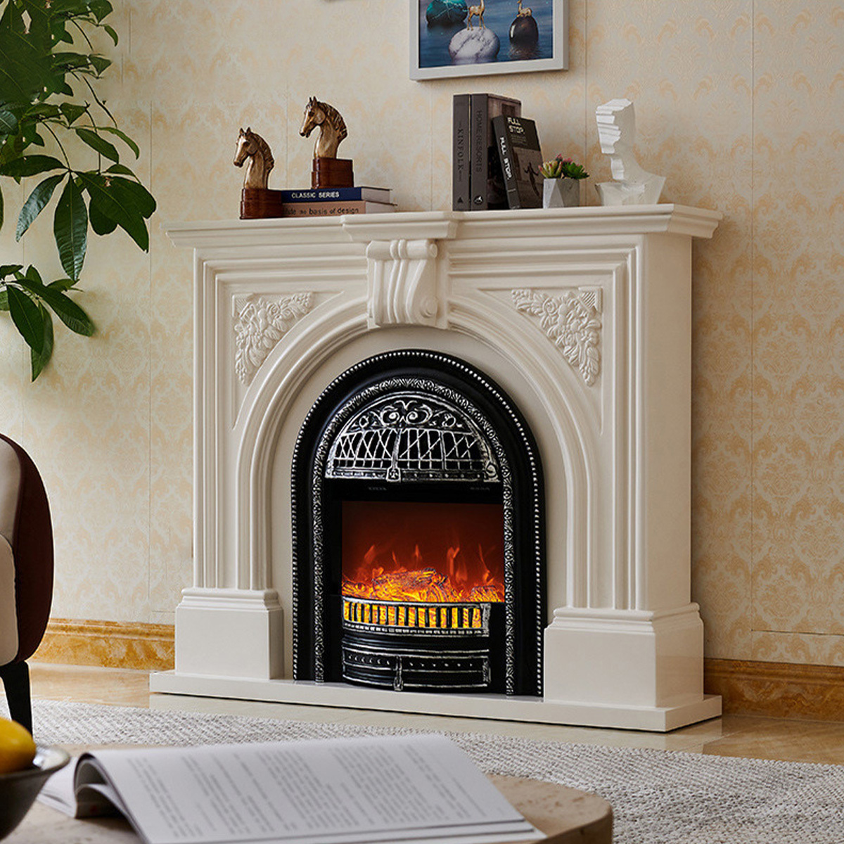51.2Inch Simple Solid Wood French Style Electronic Fireplace