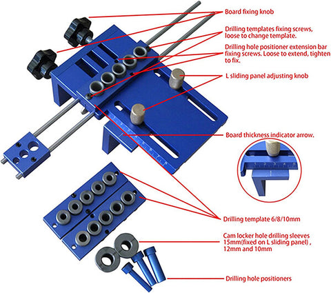 TrekDrill Universal High Precision Jig Dowel Cam Jig Minifix Jig Kit 3 In 1 Woodworking Drill Guide Kit Locator