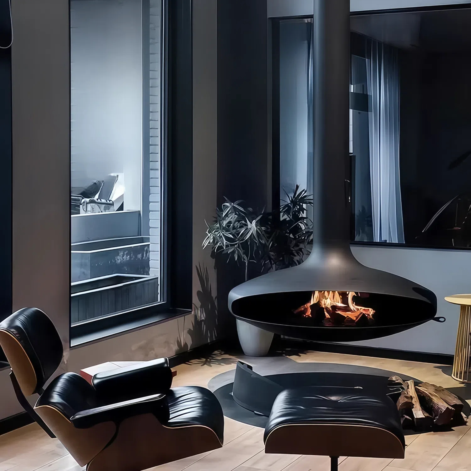 European style indoor flying saucer real fire hanging fireplace
