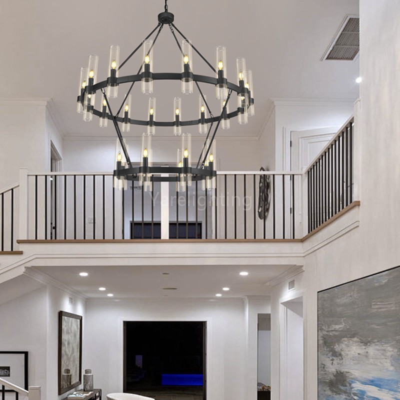 Modern Glass Round 2 Tier Chandelier 48”D