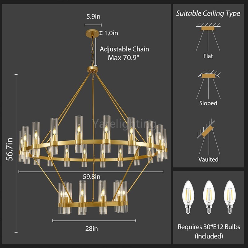 Modern Glass Round 2 Tier Chandelier 60”D