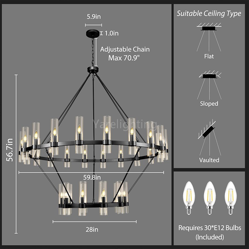 Modern Glass Round 2 Tier Chandelier 60”D