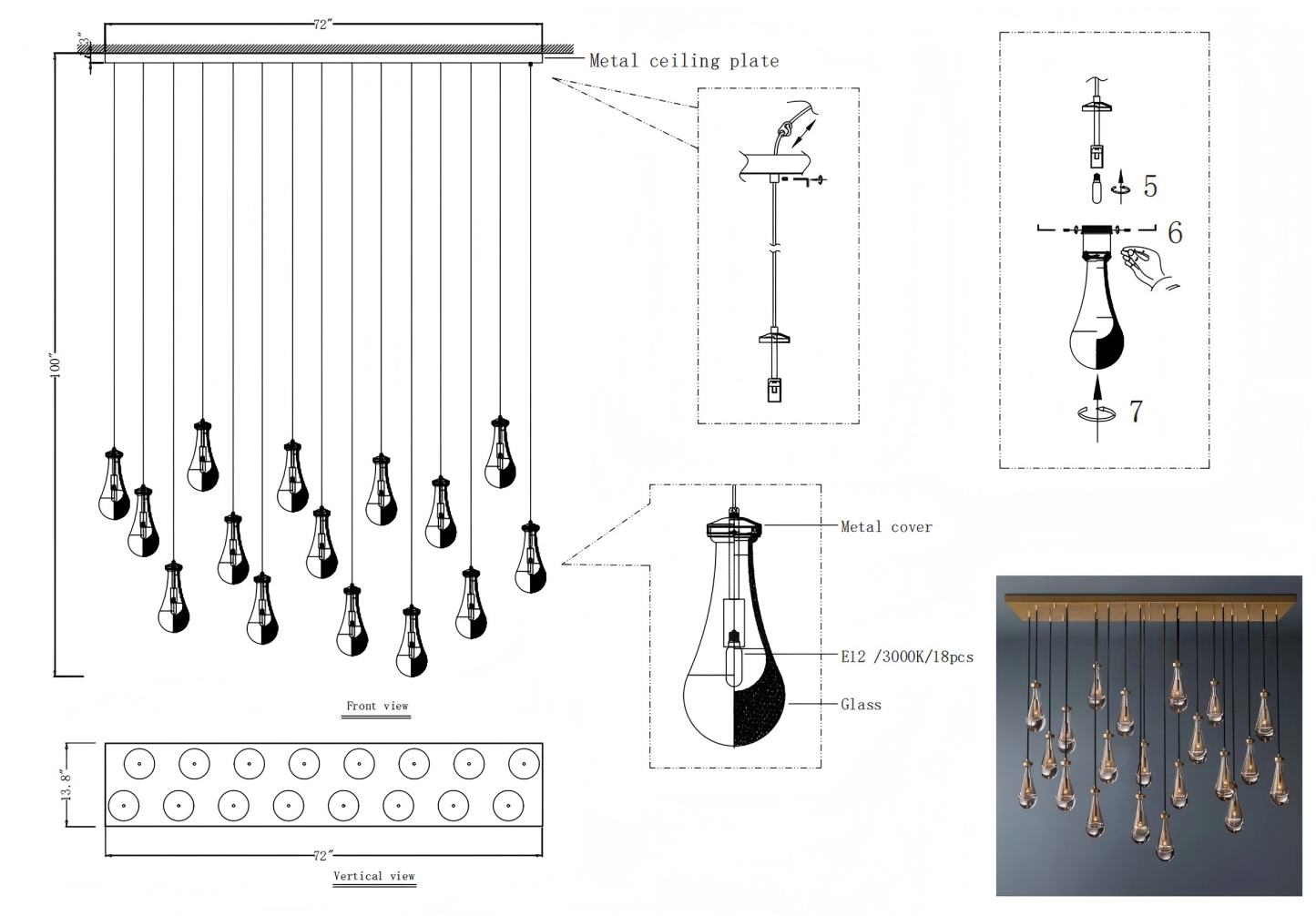 Raindrop Rectangle Chandelier 72"L (customization)
