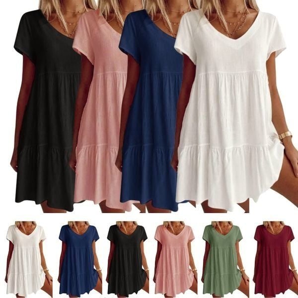 🎁Last Day Sale 50% Plus Size Cotton-Blend V Neck Casual Short Sleeve Weaving Dress