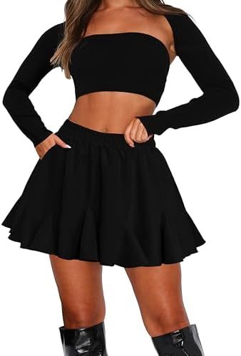 Catalysly Women's Pleated Skirt with Pockets, High Waist, Ruffled Hem, Flared Mini Skirt