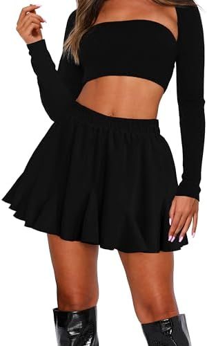 Catalysly Women's Pleated Skirt with Pockets, High Waist, Ruffled Hem, Flared Mini Skirt