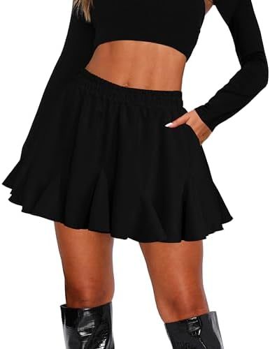 Catalysly Women's Pleated Skirt with Pockets, High Waist, Ruffled Hem, Flared Mini Skirt