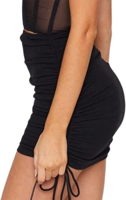 Catalysly Women's High-Waisted Ribbed Mini Skirt with Pleats, Side Drawstring Detail, and Bodycon Fit