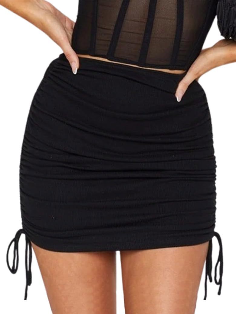 Catalysly Women's High-Waisted Ribbed Mini Skirt with Pleats, Side Drawstring Detail, and Bodycon Fit
