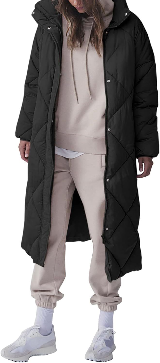Catalysly Women's Topstitched Down Coat, Long Winter Jacket with Zipper, Loose Fit Down Jacket