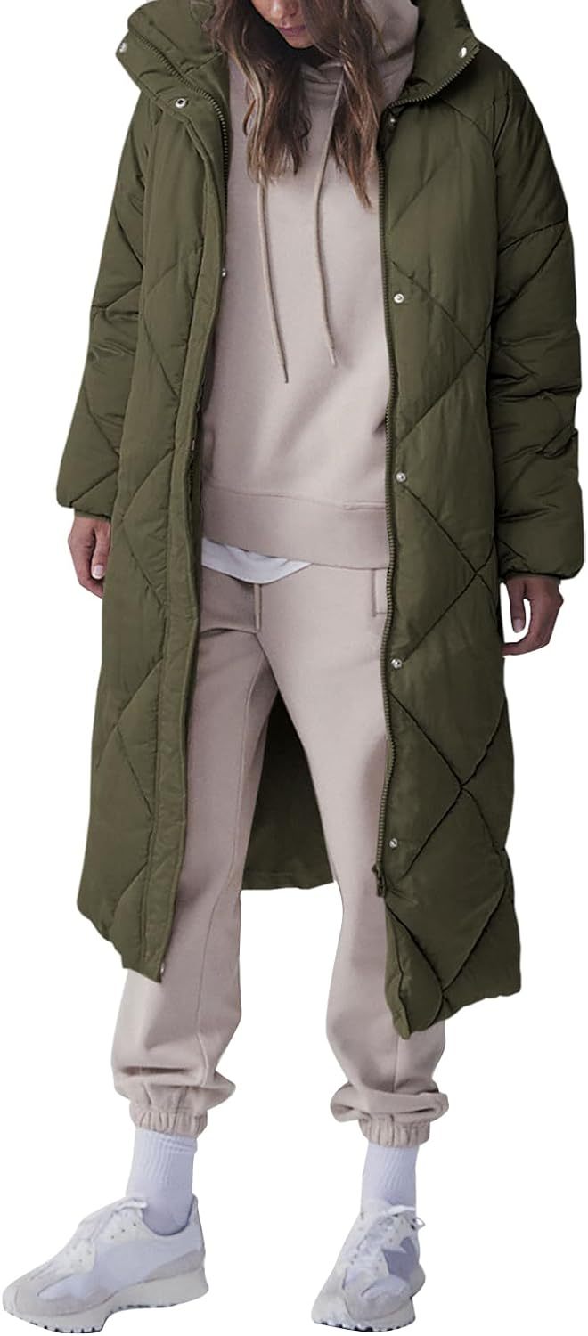 Catalysly Women's Topstitched Down Coat, Long Winter Jacket with Zipper, Loose Fit Down Jacket