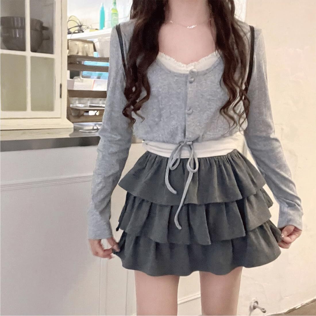 Catalysly Women's Harajuku Lolita Style Pastel Gothic Kawaii Fashion Elastic Waist Vintage Casual Layered Pleated Mini Skirt