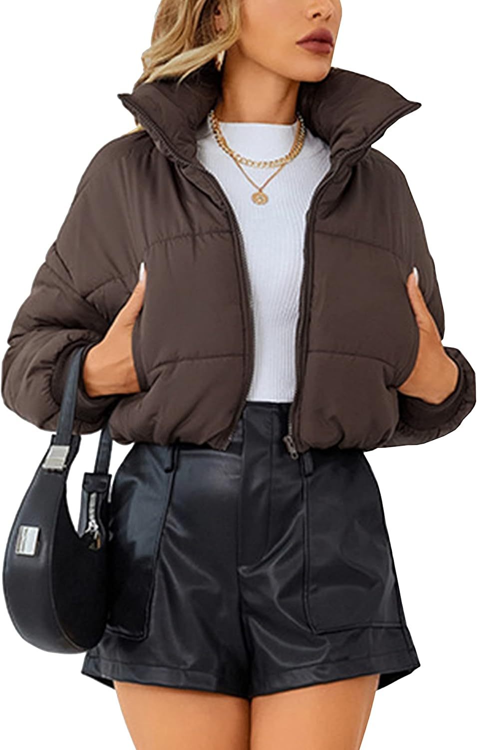Catalysly Women's Lightweight Topstitched Jacket, Long Sleeve, Stand Collar, Zipper Closure, Short Down Jacket Coat