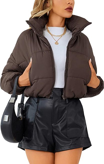 Catalysly Women's Lightweight Topstitched Jacket, Long Sleeve, Stand Collar, Zipper Closure, Short Down Jacket Coat