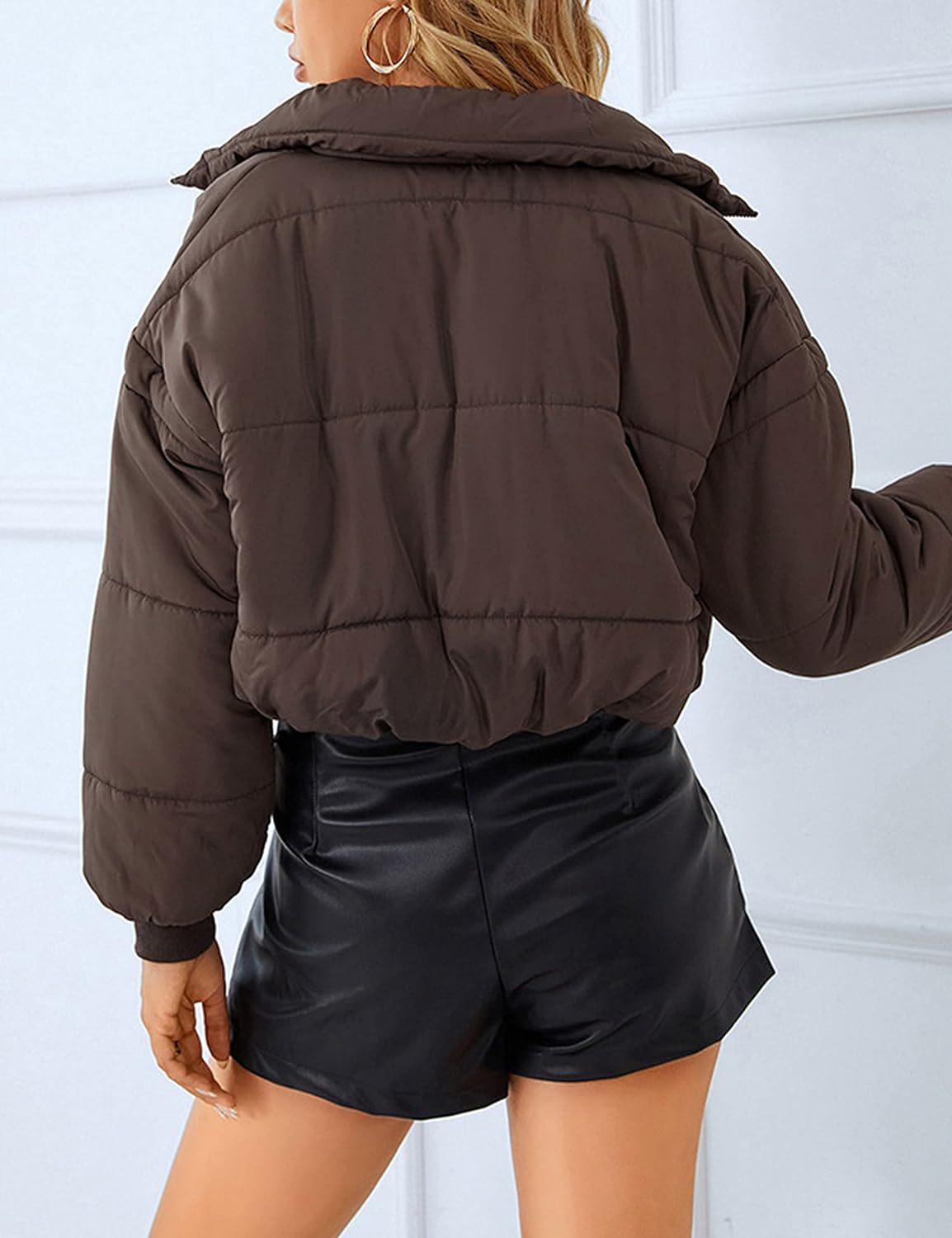 Catalysly Women's Lightweight Topstitched Jacket, Long Sleeve, Stand Collar, Zipper Closure, Short Down Jacket Coat