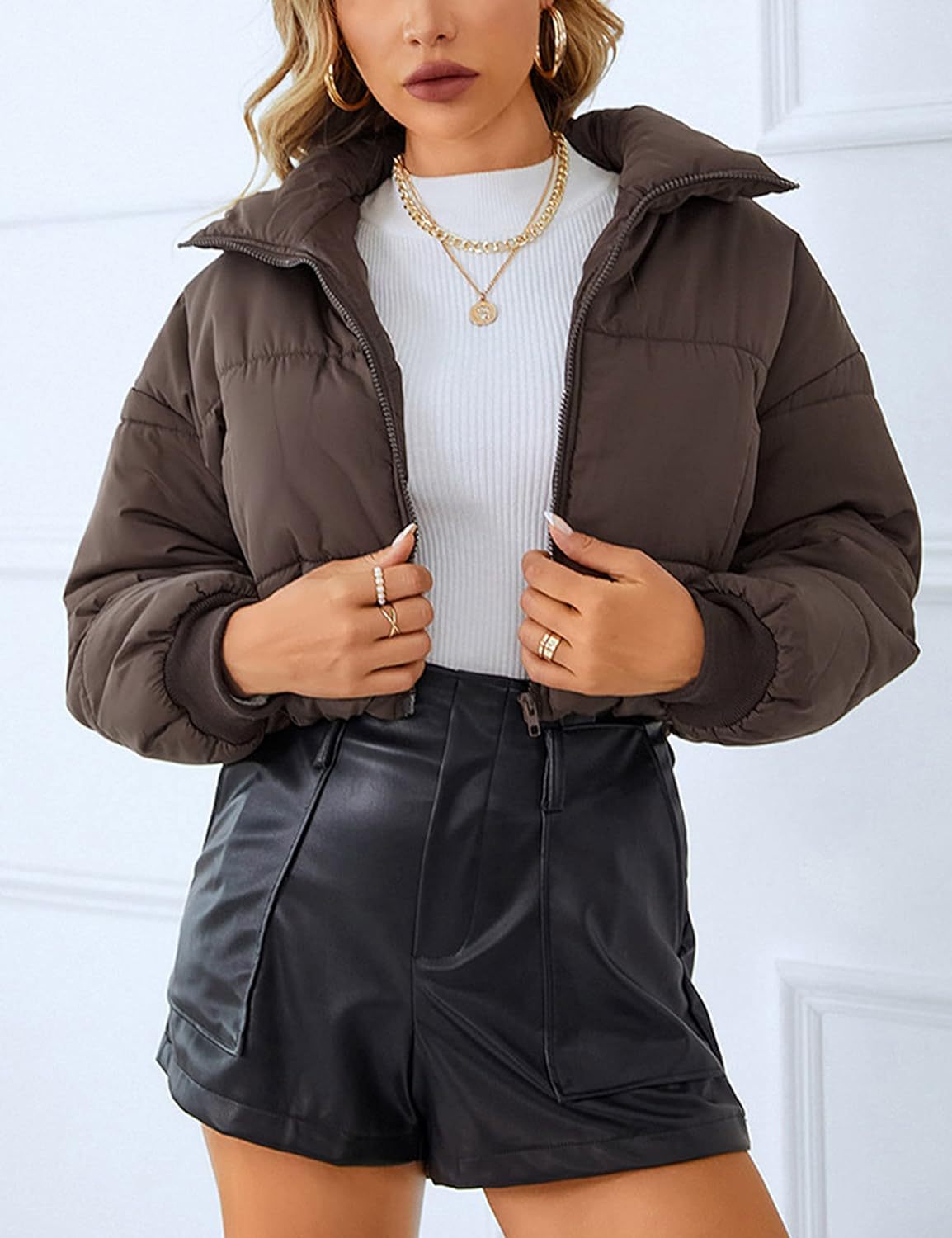 Catalysly Women's Lightweight Topstitched Jacket, Long Sleeve, Stand Collar, Zipper Closure, Short Down Jacket Coat