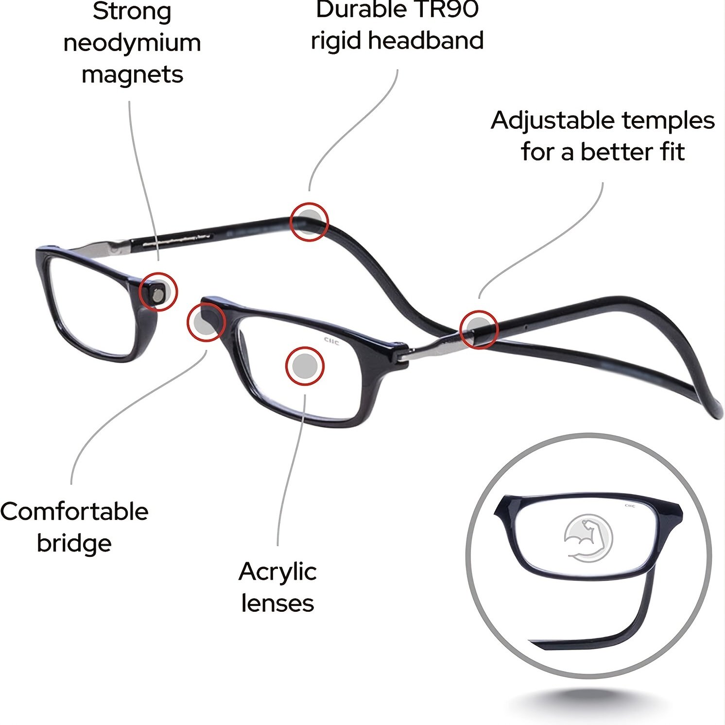 ADJUSTABLE TEMPLE MAGNETIC READING GLASSES