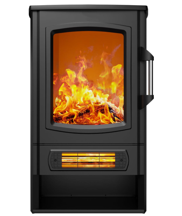 Electric fireplace - Fireplace with LED flame effect, 1kW/2kW watt fireplace, with thermostat, panoramic viewing window, heating function, timer, 2 heating levels, with ventilation