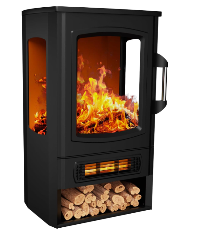 Electric fireplace - Fireplace with LED flame effect, 1kW/2kW watt fireplace, with thermostat, panoramic viewing window, heating function, timer, 2 heating levels, with ventilation