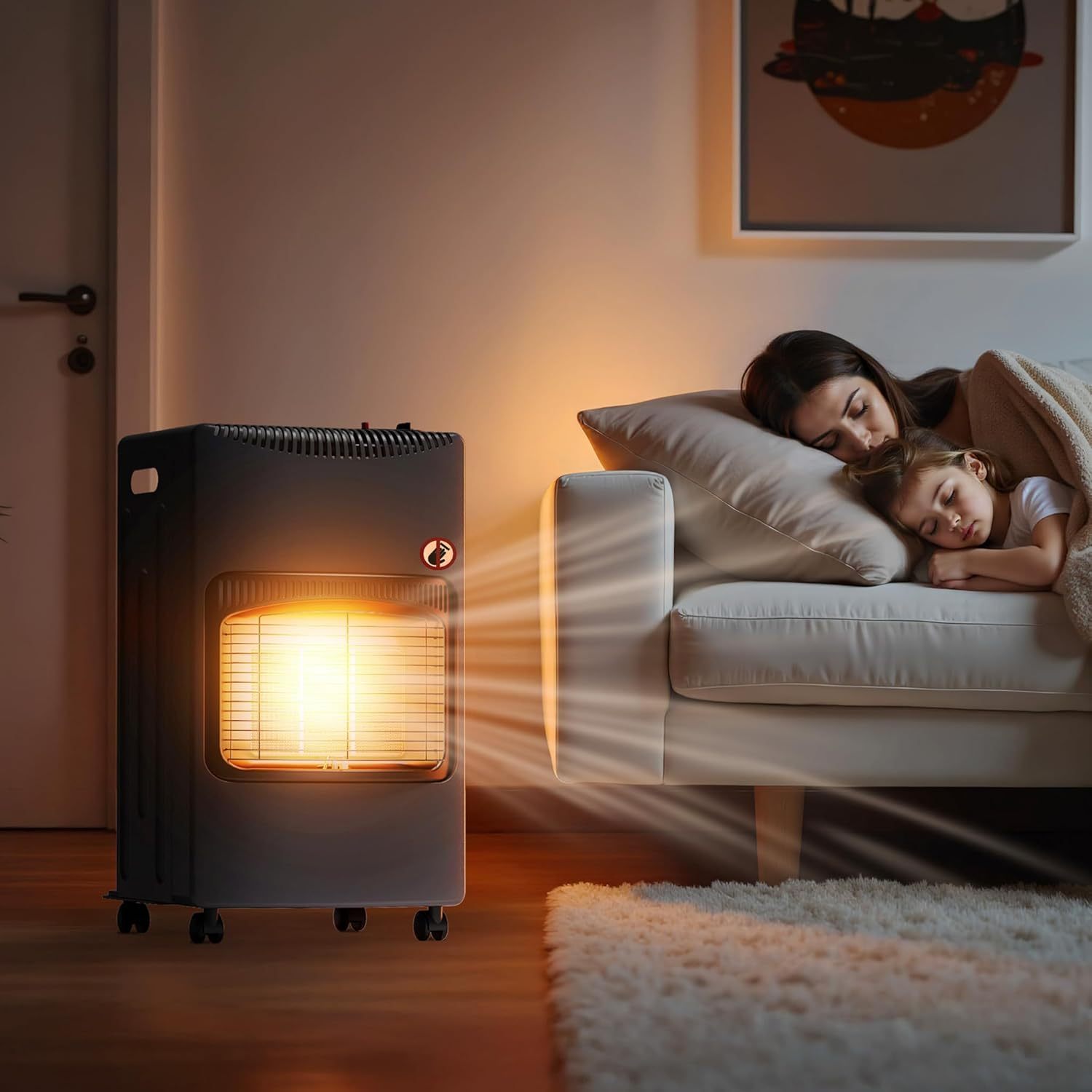 Mobile gas heater 4.2 kW, gas heater 42 x 45 x 75.7 cm, indoor heater with tip-over protection, ODS (Oxygen Depletion System) and wheels, gas heater compatible with a 13 kg gas cylinder