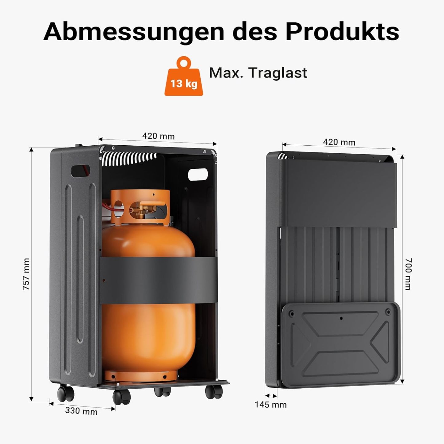 Mobile gas heater 4.2 kW, gas heater 42 x 45 x 75.7 cm, indoor heater with tip-over protection, ODS (Oxygen Depletion System) and wheels, gas heater compatible with a 13 kg gas cylinder