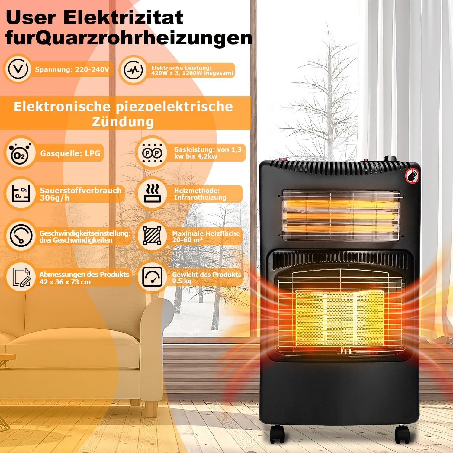 4.2 kW Gas Heater for Indoor Use, Gas Heater, Foldable Gas Heater, Plug and Play Electric Gas Dual-Purpose Heater, Infrared Radiant Heater, 306 g/h Gas Consumption