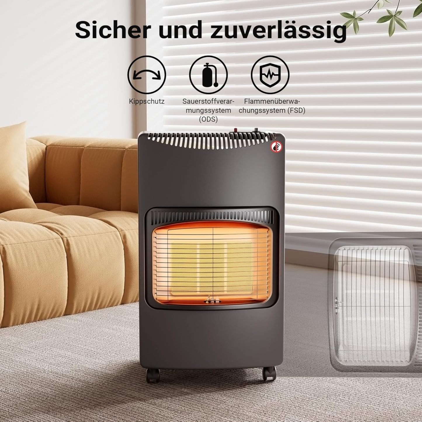 Mobile gas heater 4.2 kW, gas heater 42 x 45 x 75.7 cm, indoor heater with tip-over protection, ODS (Oxygen Depletion System) and wheels, gas heater compatible with a 13 kg gas cylinder