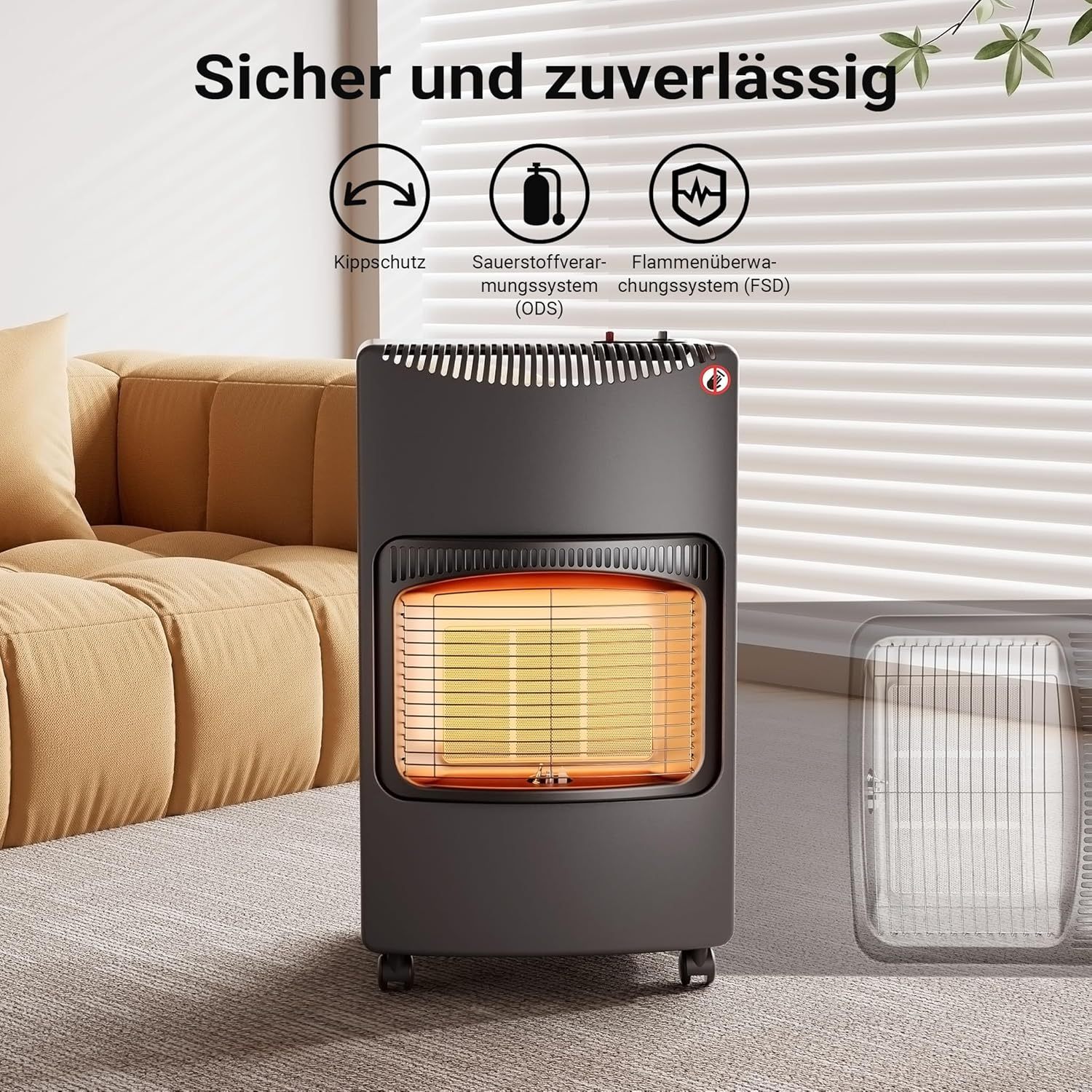 Mobile gas heater 4.2 kW, gas heater 42 x 45 x 75.7 cm, indoor heater with tip-over protection, ODS (Oxygen Depletion System) and wheels, gas heater compatible with a 13 kg gas cylinder