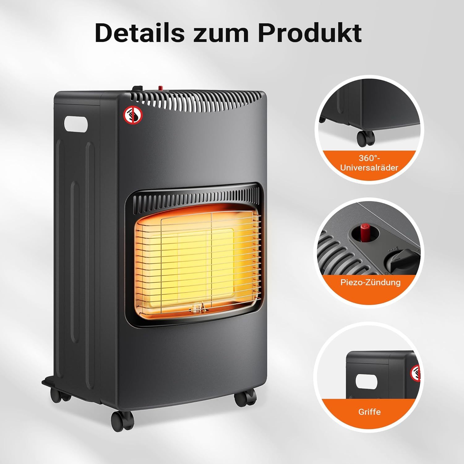 Mobile gas heater 4.2 kW, gas heater 42 x 45 x 75.7 cm, indoor heater with tip-over protection, ODS (Oxygen Depletion System) and wheels, gas heater compatible with a 13 kg gas cylinder