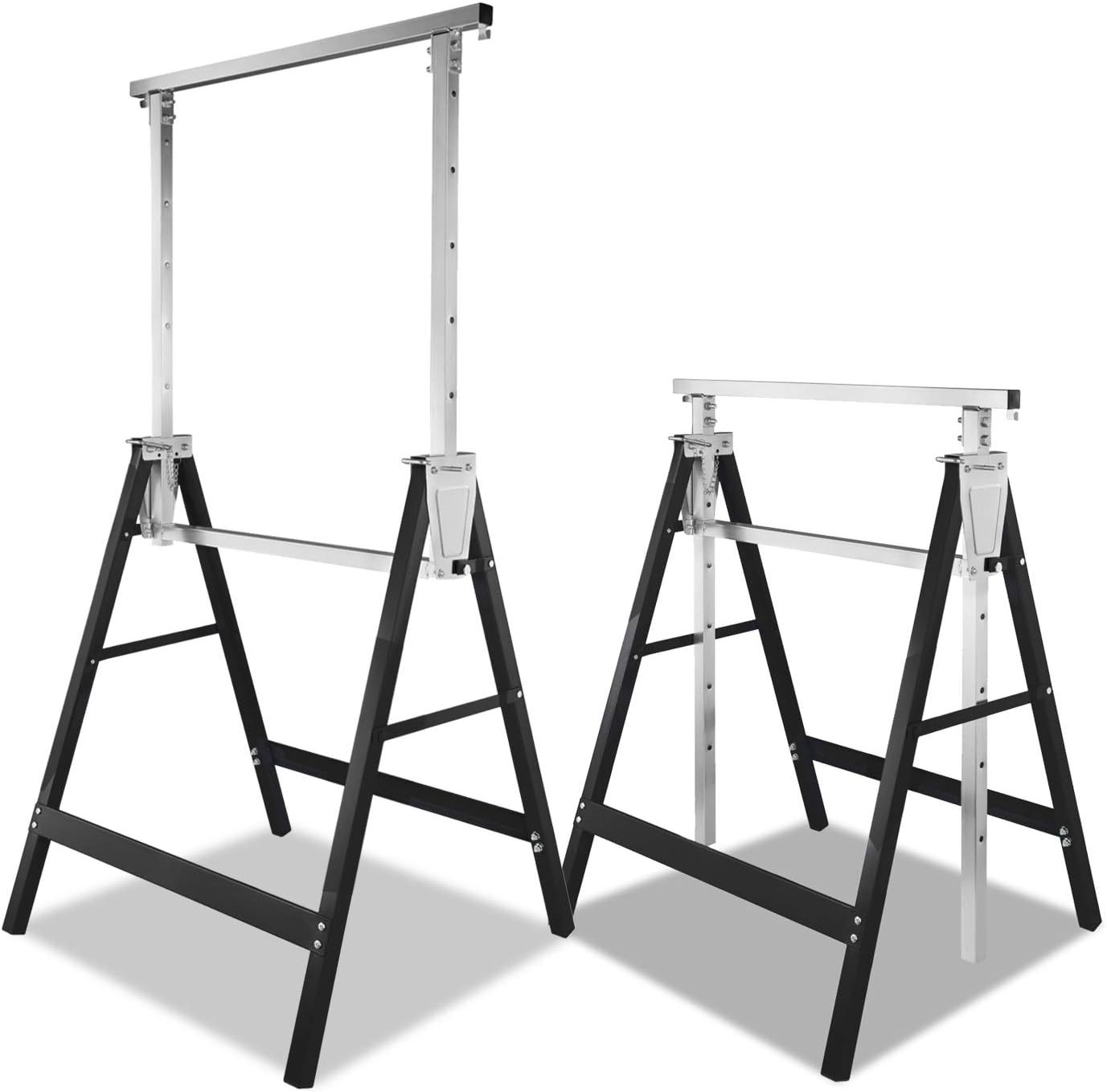 Set of 2 scaffolding trestle, height-adjustable work trestle, 7-fold 80-130 cm folding trestle, metal trestle with locking hook, support trestle, load capacity 200 kg, telescopic work trestle, black