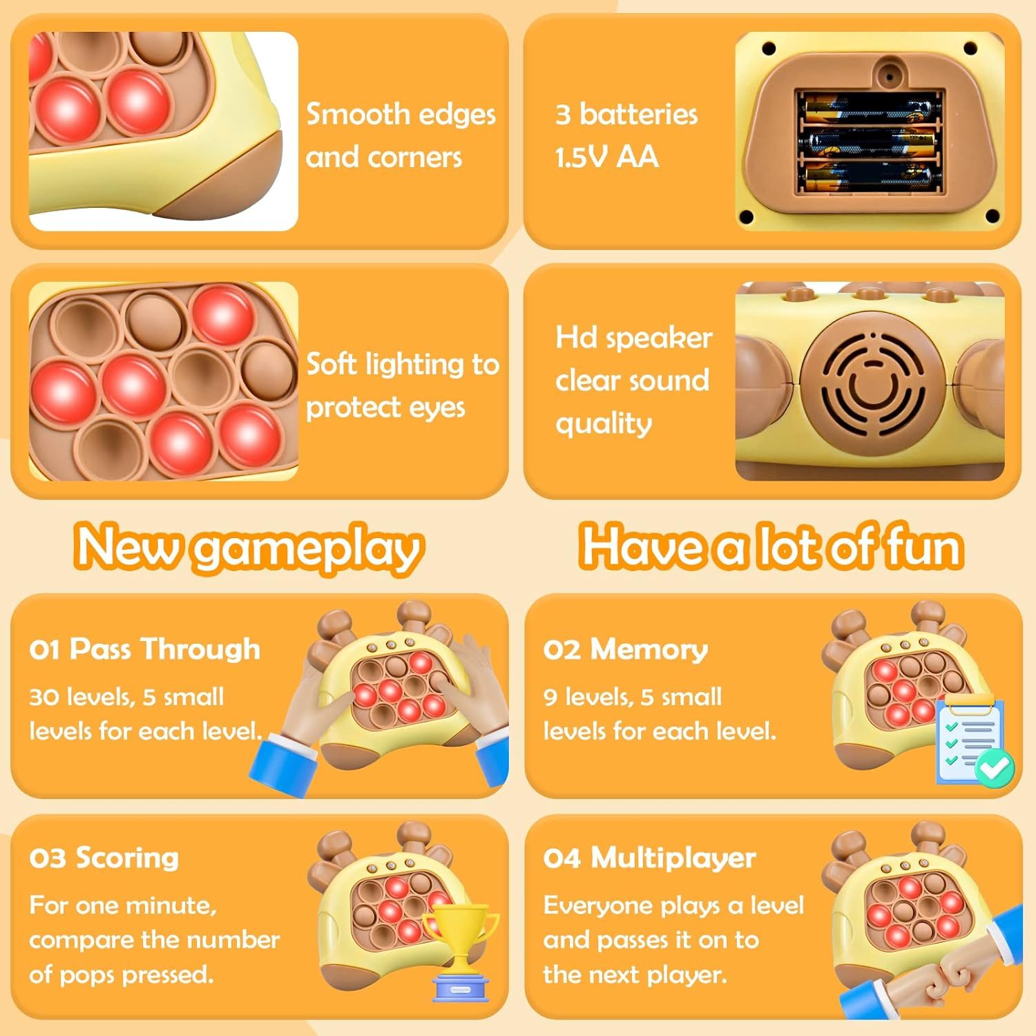 Pop it Game,Push Pops Toys,Decompression Button Puzzle Game Machine,Light Up Pattern Popping Games,Game Controller Bubble Sensory Fidget Toy,Stress Anxiety Relief Sensory Toys for Kids Adults