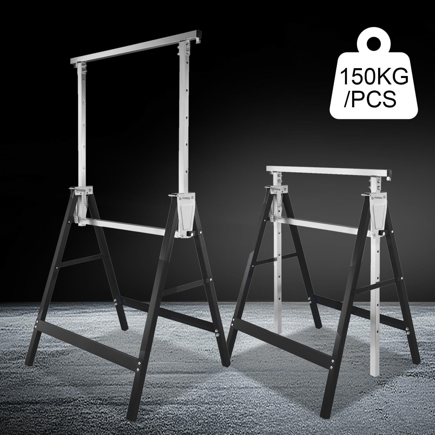 Set of 2 scaffolding trestle, height-adjustable work trestle, 7-fold 80-130 cm folding trestle, metal trestle with locking hook, support trestle, load capacity 200 kg, telescopic work trestle, black