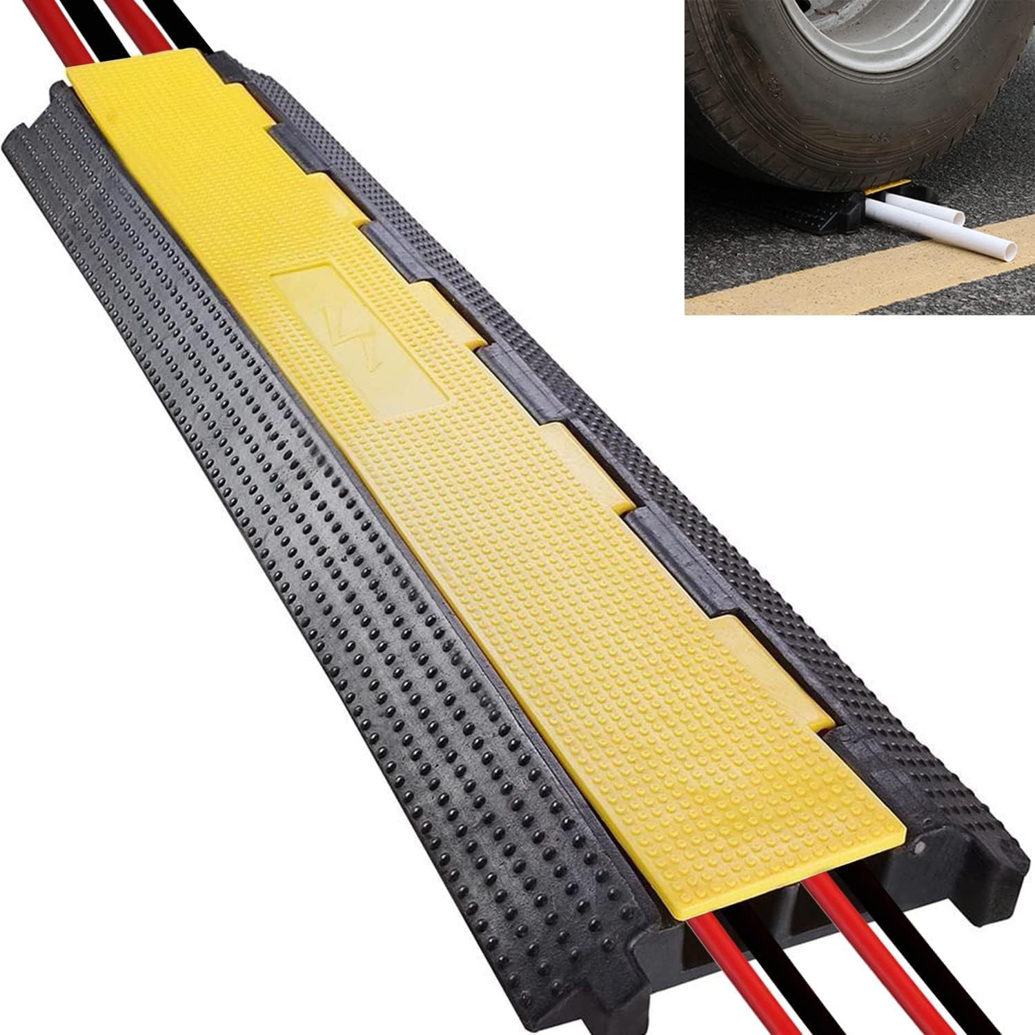 2 Channel Floor Cable Protector Cord Cover 11000Lbs Load Capacity with Yellow Plastic Lid cable cover outdoor Cable Protector for Garage, Highway, Ramp