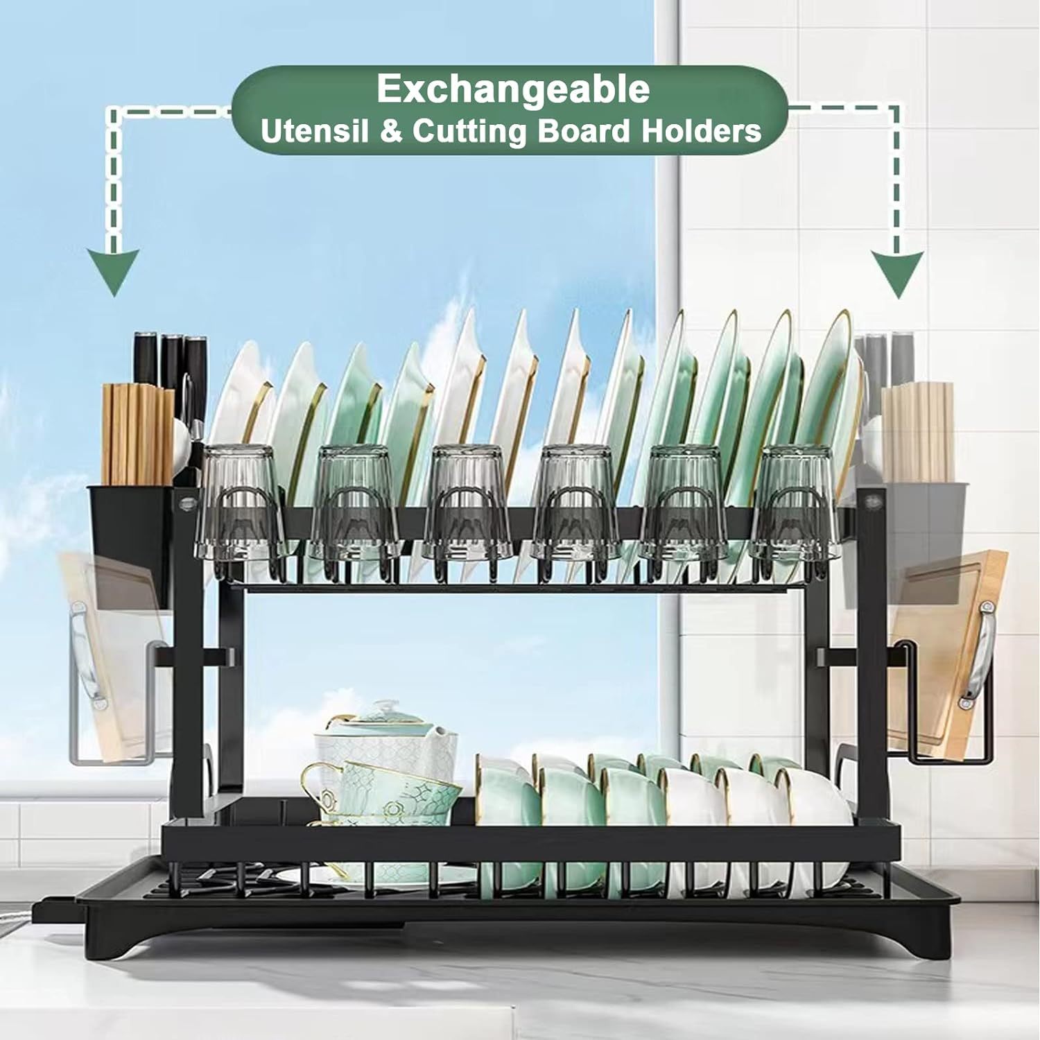 2 Tier Dish Drainer, Black Dish Drying Rack with Drip Tray, Stainless Steel Dish Rack, Draining Rack with Cup, Utensil and Cutting Board Holder, Rustproof Sink Drainer Rack for Kitchen Countertop