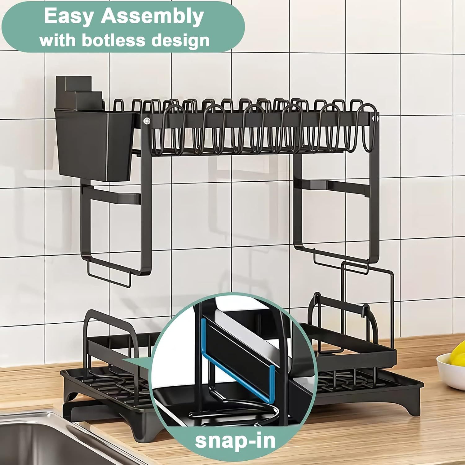 2 Tier Dish Drainer, Black Dish Drying Rack with Drip Tray, Stainless Steel Dish Rack, Draining Rack with Cup, Utensil and Cutting Board Holder, Rustproof Sink Drainer Rack for Kitchen Countertop