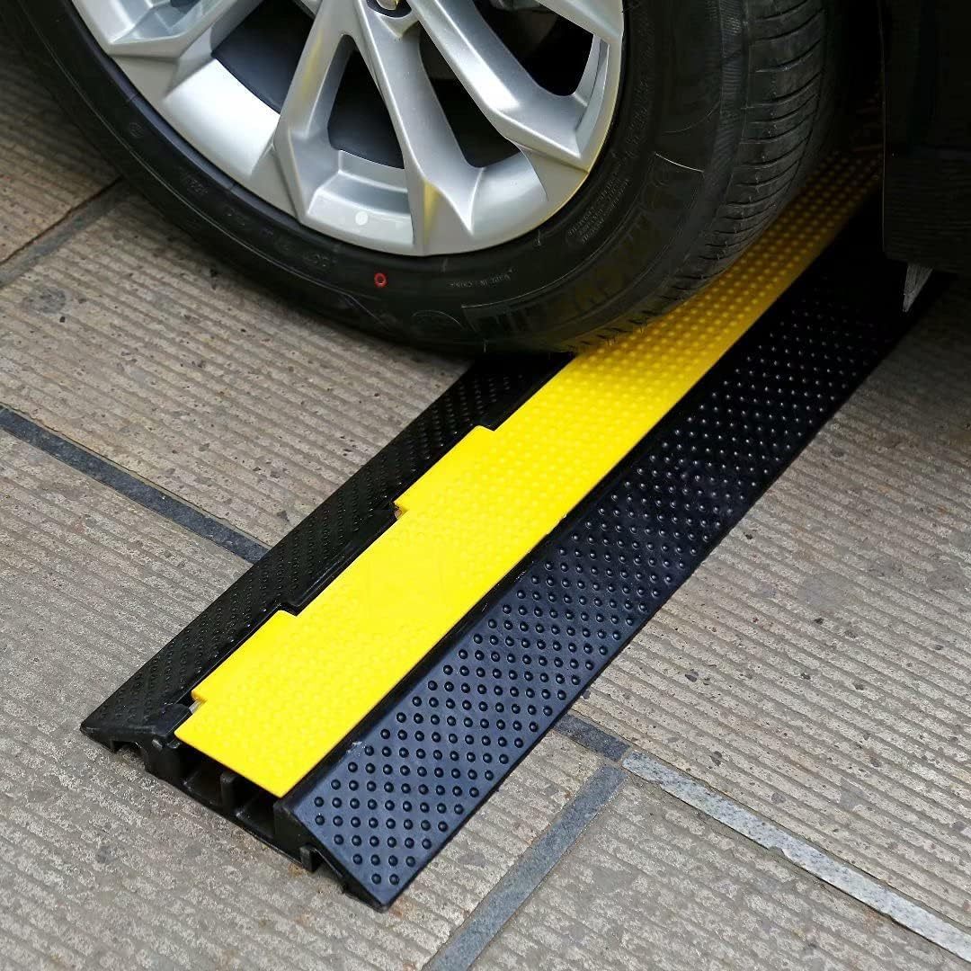 2 Channel Floor Cable Protector Cord Cover 11000Lbs Load Capacity with Yellow Plastic Lid cable cover outdoor Cable Protector for Garage, Highway, Ramp
