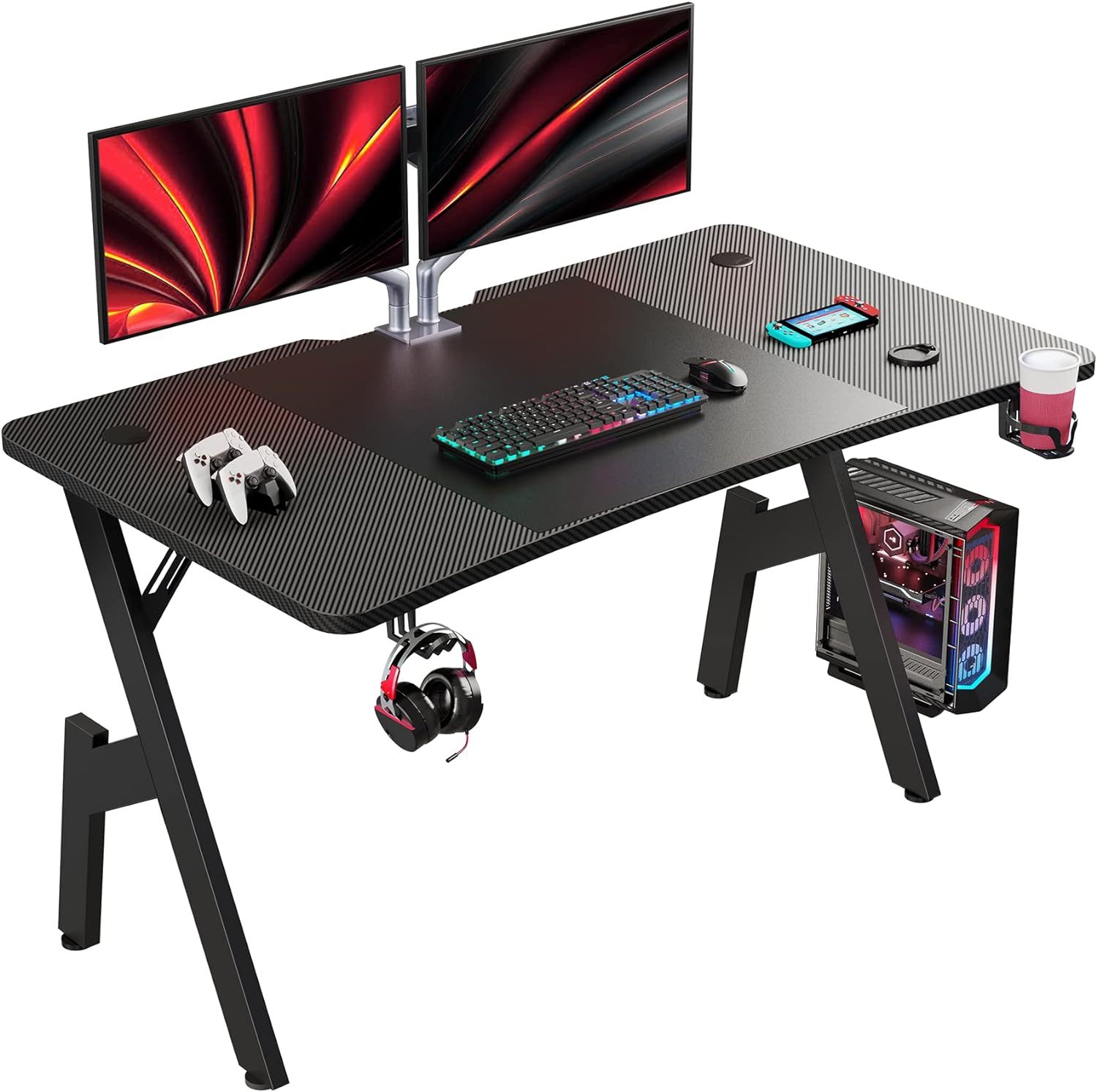 Gaming Desk 120 x 60cm/140 x 60cm, Computer Gaming Desk, Gaming PC Desk for Home Office, Gaming Table with Cup Holder and Headphone Hook, Simple Assembly, Black