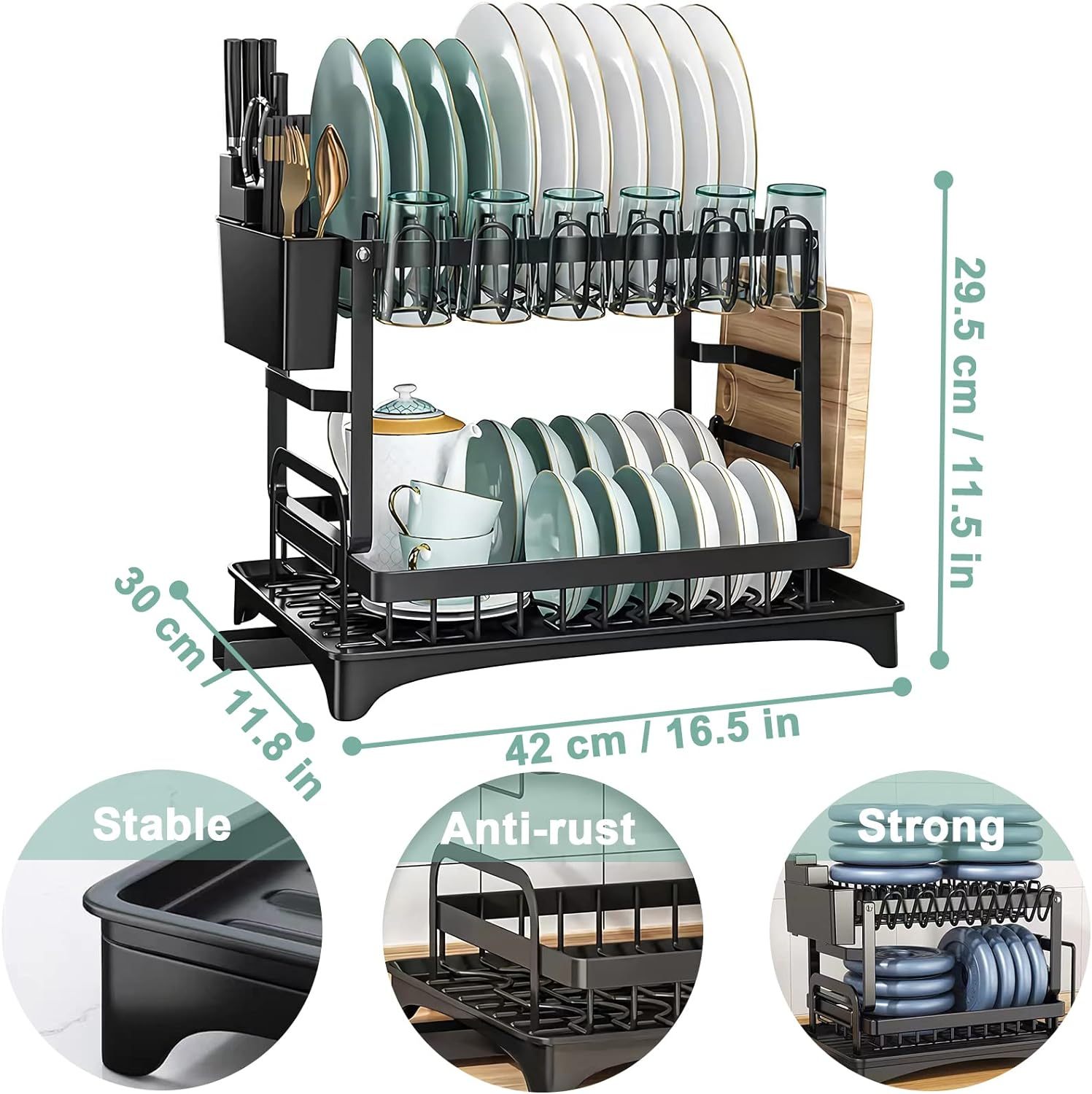 2 Tier Dish Drainer, Black Dish Drying Rack with Drip Tray, Stainless Steel Dish Rack, Draining Rack with Cup, Utensil and Cutting Board Holder, Rustproof Sink Drainer Rack for Kitchen Countertop