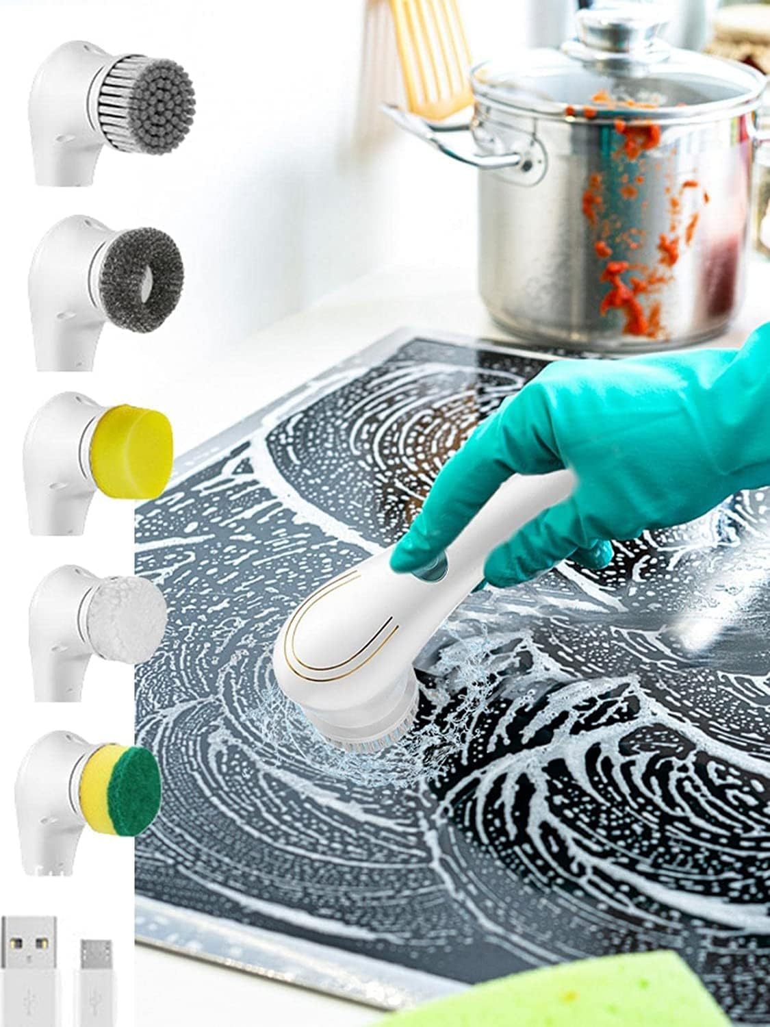 Electric Spin Scrubber Cordless Handheld Cleaning Brush with 5 Replaceable Brush Heads, USB Rechargeable 360° Power Scrubber Mop for Wall Bathtub Window Kitchen Sink Shoes