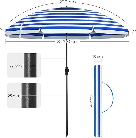 Beach Parasol Garden Umbrella UV Protection up to UPF 50+ Foldable Portable Fiberglass Umbrella Ribs