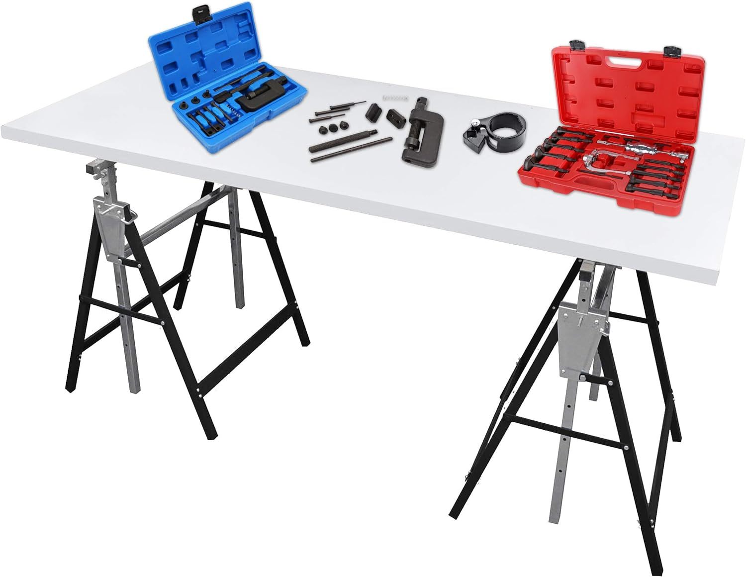 Set of 2 scaffolding trestle, height-adjustable work trestle, 7-fold 80-130 cm folding trestle, metal trestle with locking hook, support trestle, load capacity 200 kg, telescopic work trestle, black