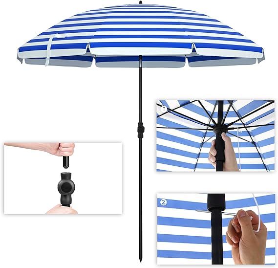 Beach Parasol Garden Umbrella UV Protection up to UPF 50+ Foldable Portable Fiberglass Umbrella Ribs
