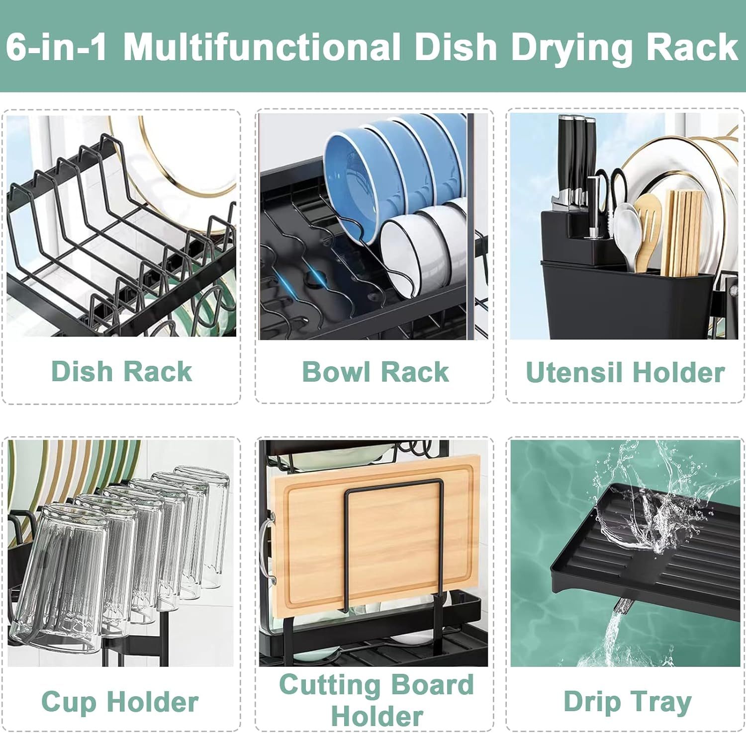 2 Tier Dish Drainer, Black Dish Drying Rack with Drip Tray, Stainless Steel Dish Rack, Draining Rack with Cup, Utensil and Cutting Board Holder, Rustproof Sink Drainer Rack for Kitchen Countertop