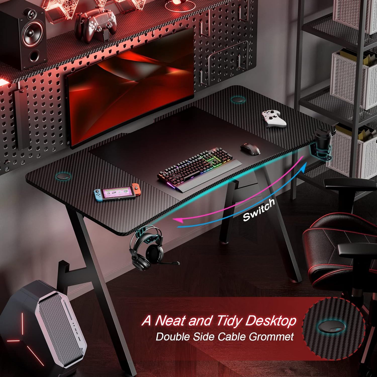 Gaming Desk 120 x 60cm/140 x 60cm, Computer Gaming Desk, Gaming PC Desk for Home Office, Gaming Table with Cup Holder and Headphone Hook, Simple Assembly, Black