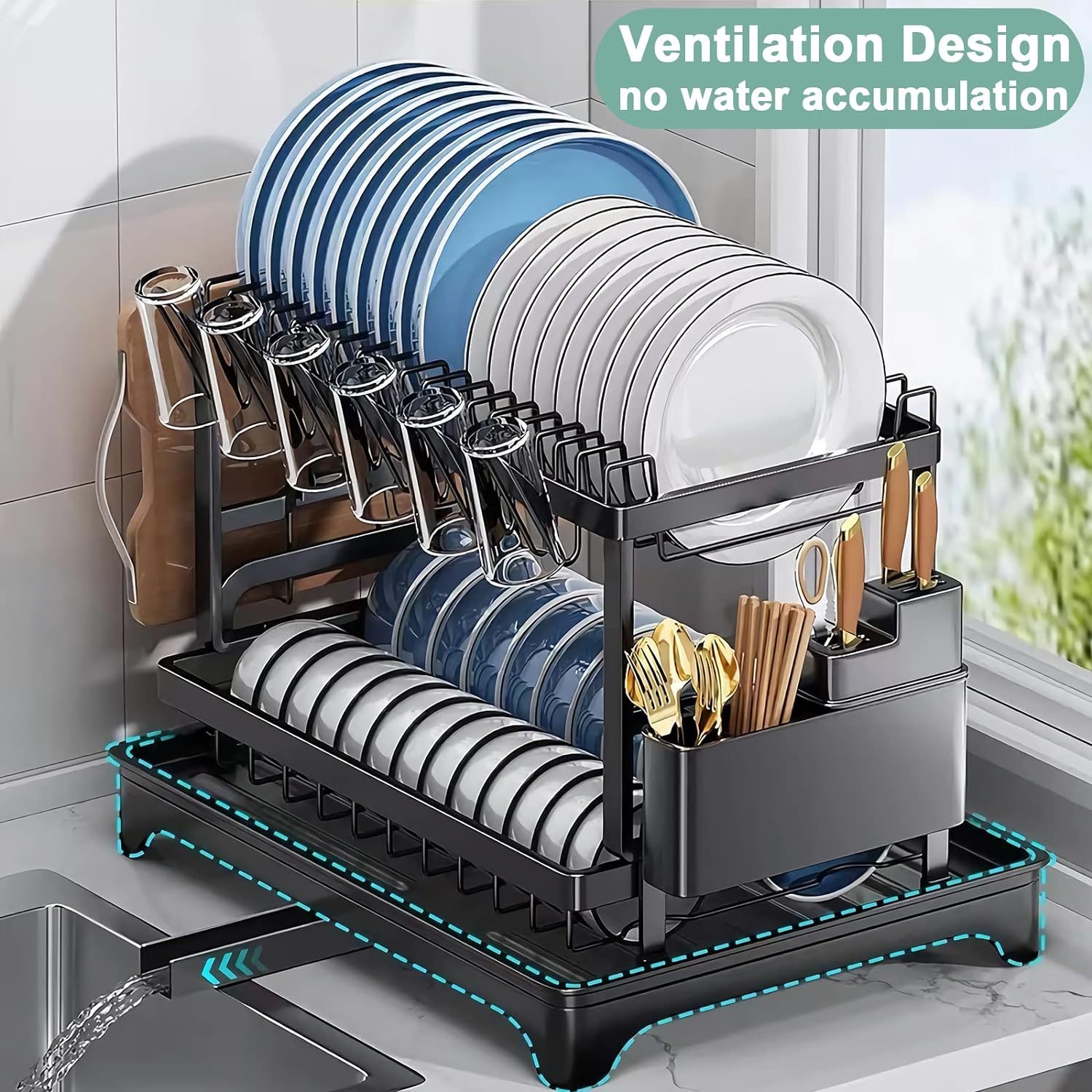2 Tier Dish Drainer, Black Dish Drying Rack with Drip Tray, Stainless Steel Dish Rack, Draining Rack with Cup, Utensil and Cutting Board Holder, Rustproof Sink Drainer Rack for Kitchen Countertop